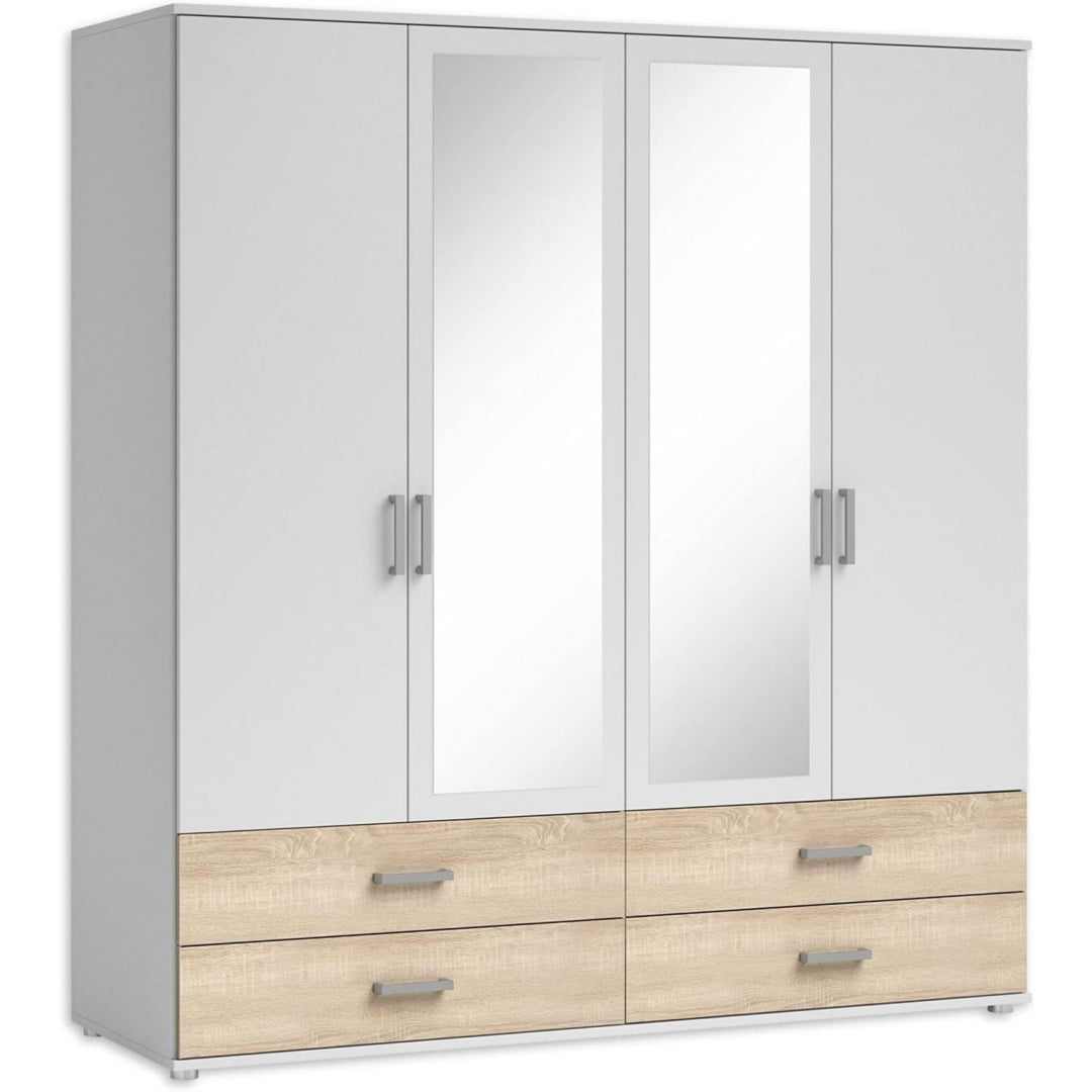 Der Kleiderschrank zeigt einen Spiegel in Weiss und Eichenbraun