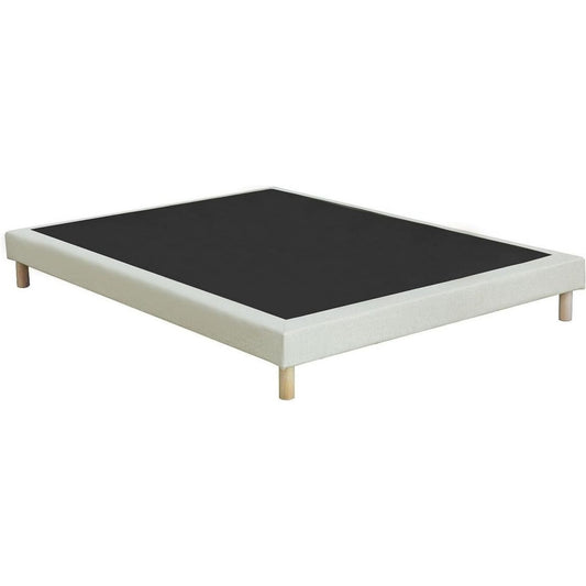 Das Bettgestell zeigt einen Lattenrost in Beige