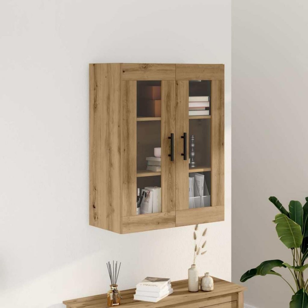 Der Hochschrank misst 69.5 x 34 x 90 cm in Eichenbraun